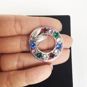 Gold filled vintage circle brooch multi color stones CARLA 12K G.F.  white gold